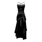 Women Sexy Formal Evening Party Gown Solid Backless Spaghetti Strap Ruffle Asymmetrical High Split Maxi Dress for Wedding
