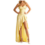 Women Sexy Formal Evening Party Gown Solid Backless Spaghetti Strap Ruffle Asymmetrical High Split Maxi Dress for Wedding