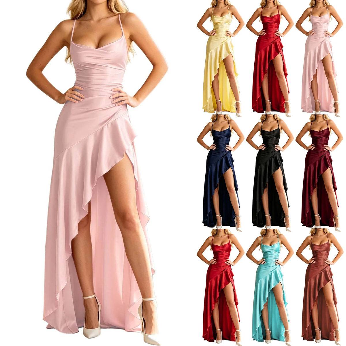 Women Sexy Formal Evening Party Gown Solid Backless Spaghetti Strap Ruffle Asymmetrical High Split Maxi Dress for Wedding