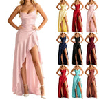 Women Sexy Formal Evening Party Gown Solid Backless Spaghetti Strap Ruffle Asymmetrical High Split Maxi Dress for Wedding
